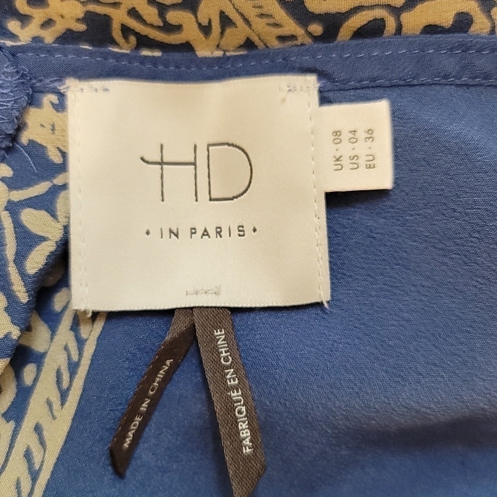 Anthropologie HD Paris Silk Blue & Cream Asymmetrical Handkerchief Top - Size 4 - Picture 8 of 9